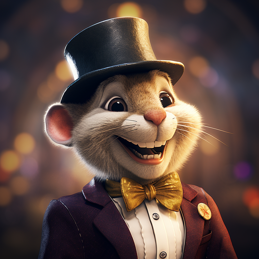 Chuck E. Cheeze business mascot with hat and monocle