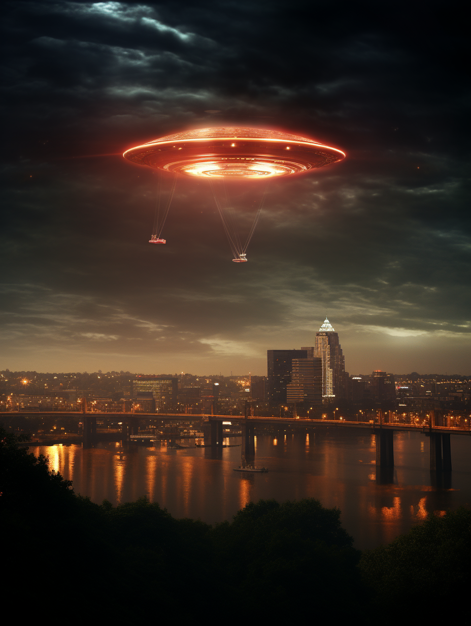 UFO flying over Cincinnati cityscape