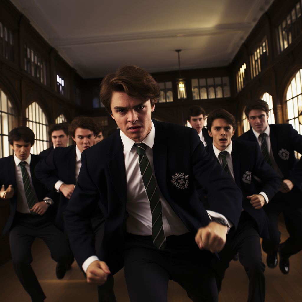 Cinematic action shot of high schoolers at a prep school