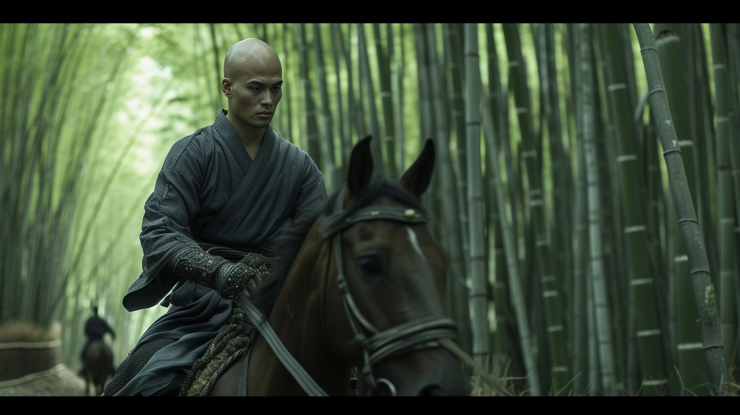 Bald Japanese Samurai Riding Horse in Bamboo Forest