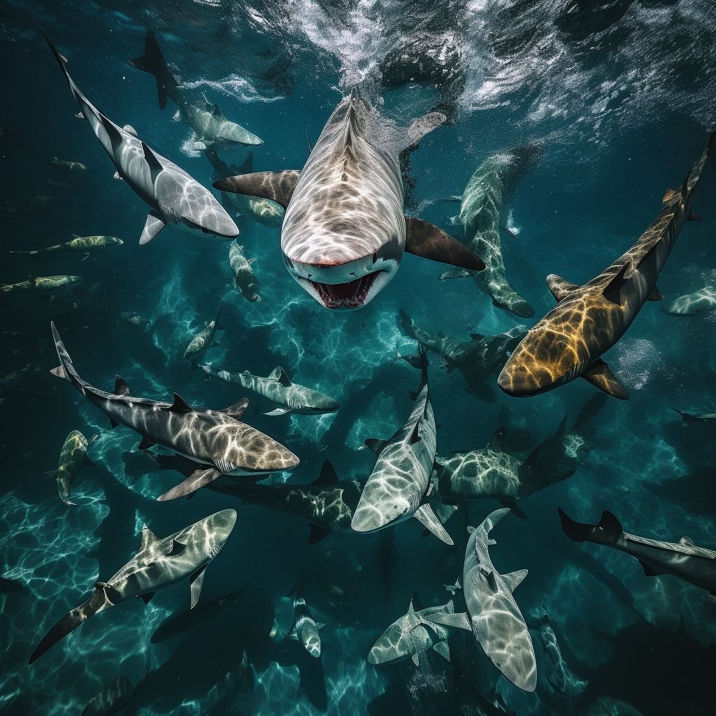 Sharks circling bulldog in ocean