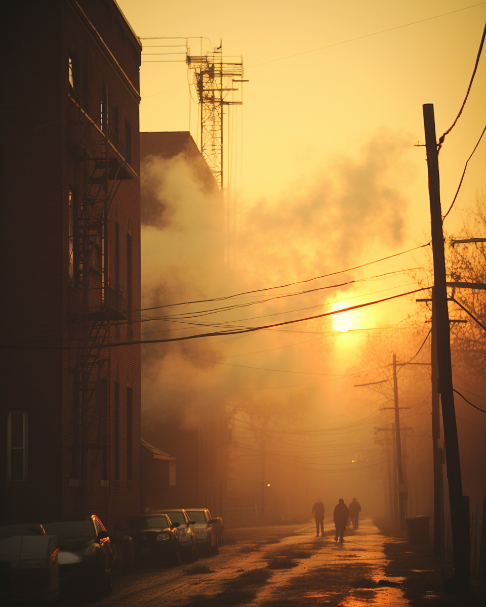 City fog at sunset through minimalist building