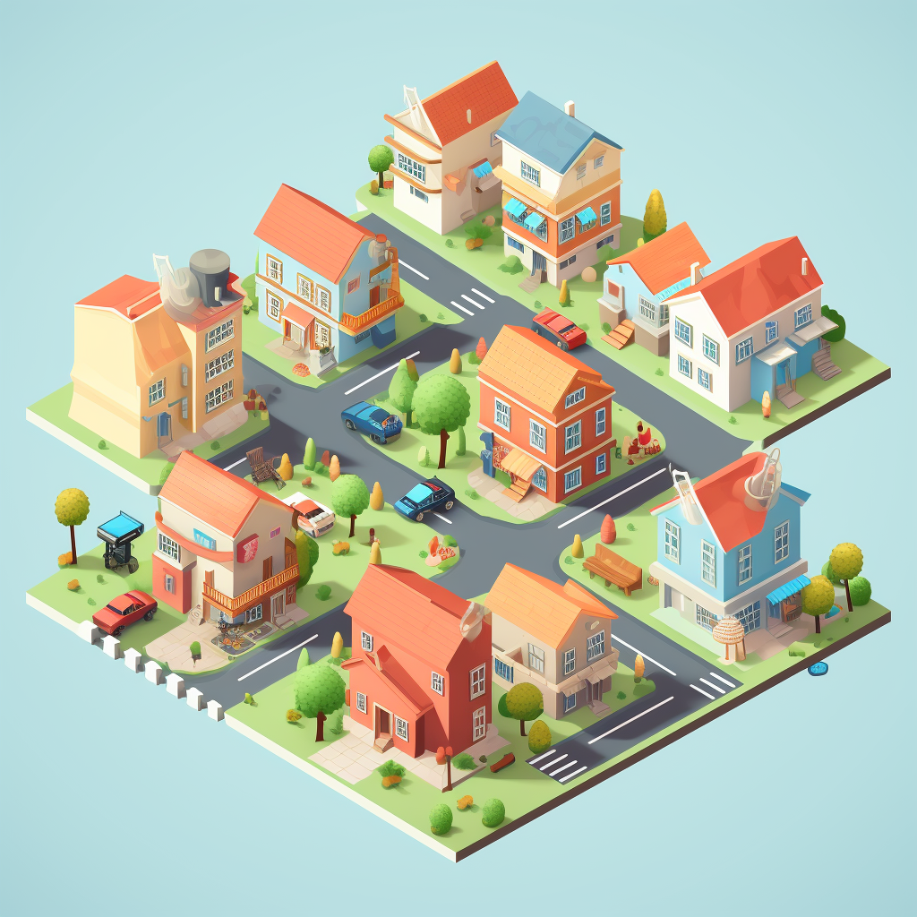 Isometric city neighbourhood with simple design and bright colors