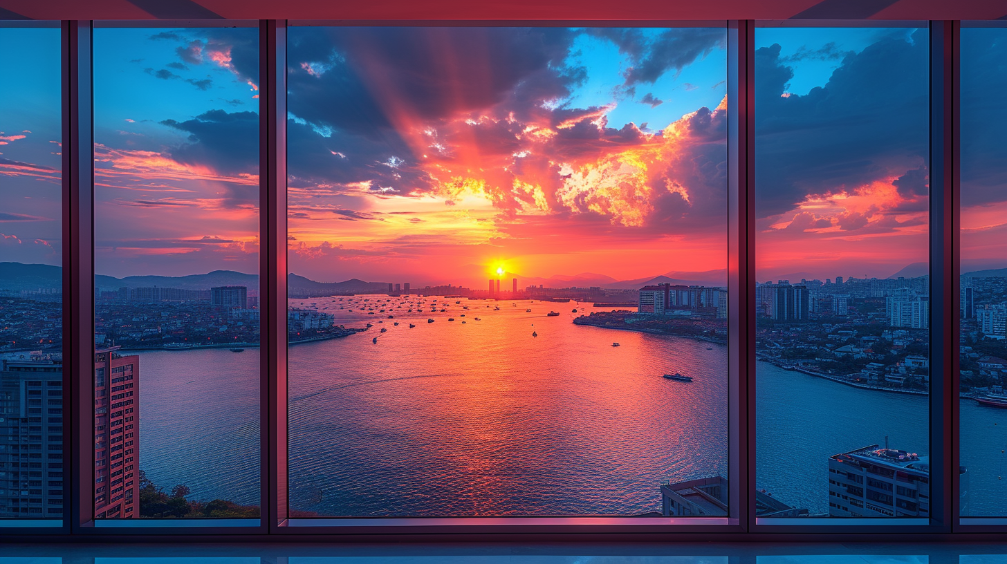 City sea sunset godrays through window frames