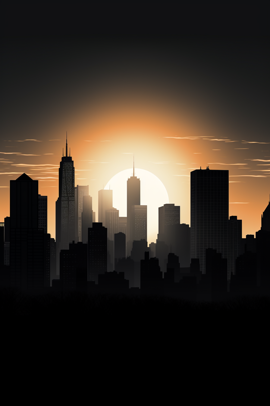 Silhouettes of skyscrapers against the setting sun