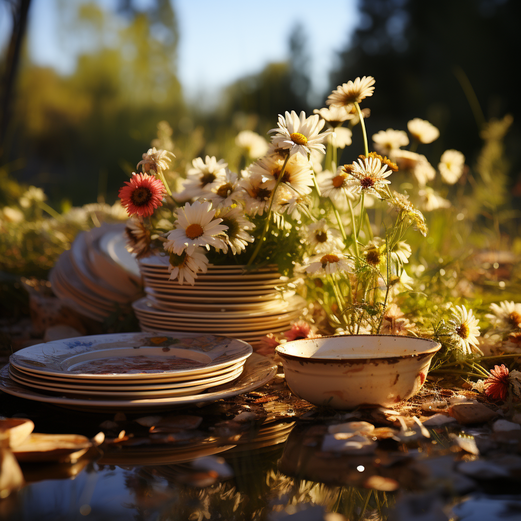 Stack of Clean Dishes with Nature Background