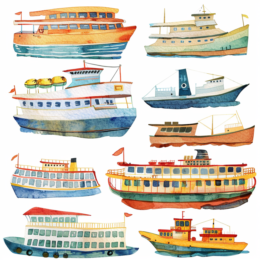 Ferry boats clipart watercolor set