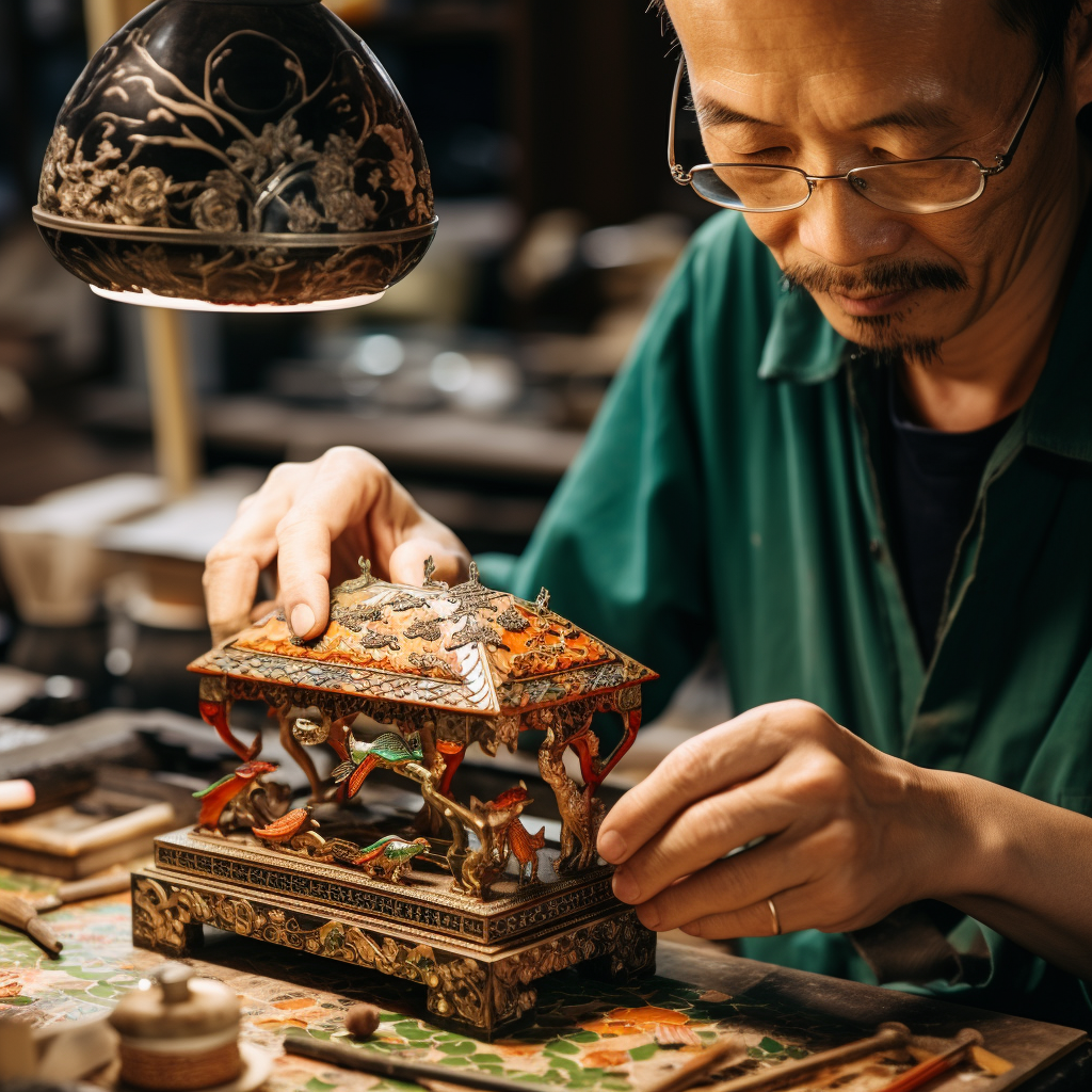 Craftsman assembling cloisonné piece