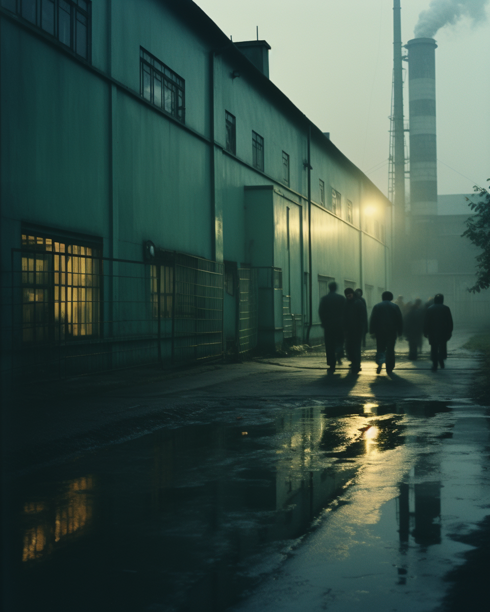 Workers leaving factory at cloudy evening