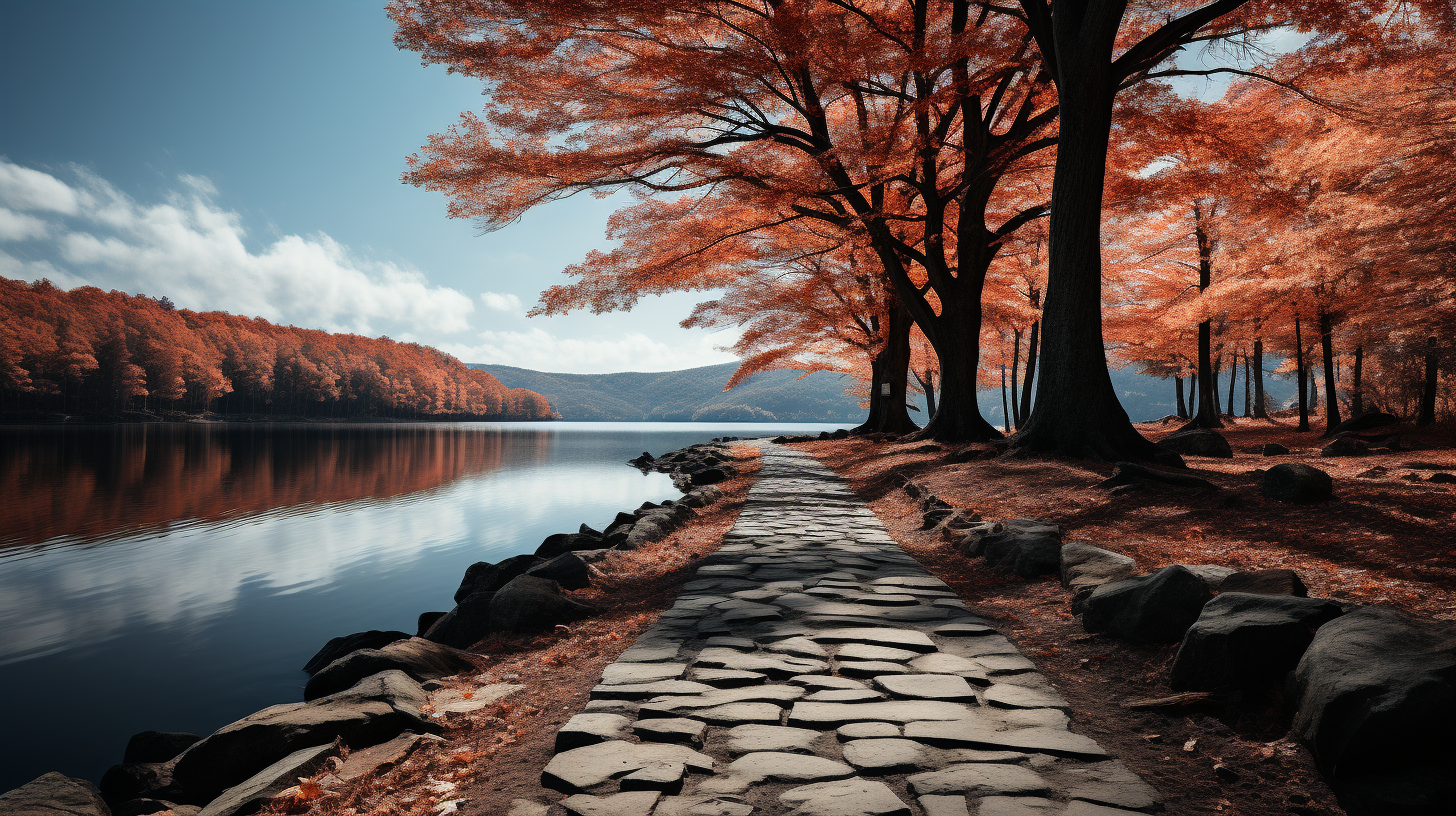 Abstract cobblestone path around mountain lake