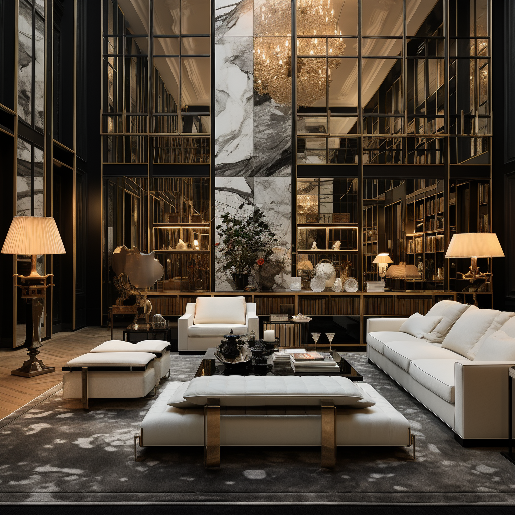 Hyper-realistic merge of Coco Chanel and Peter Marino interior design