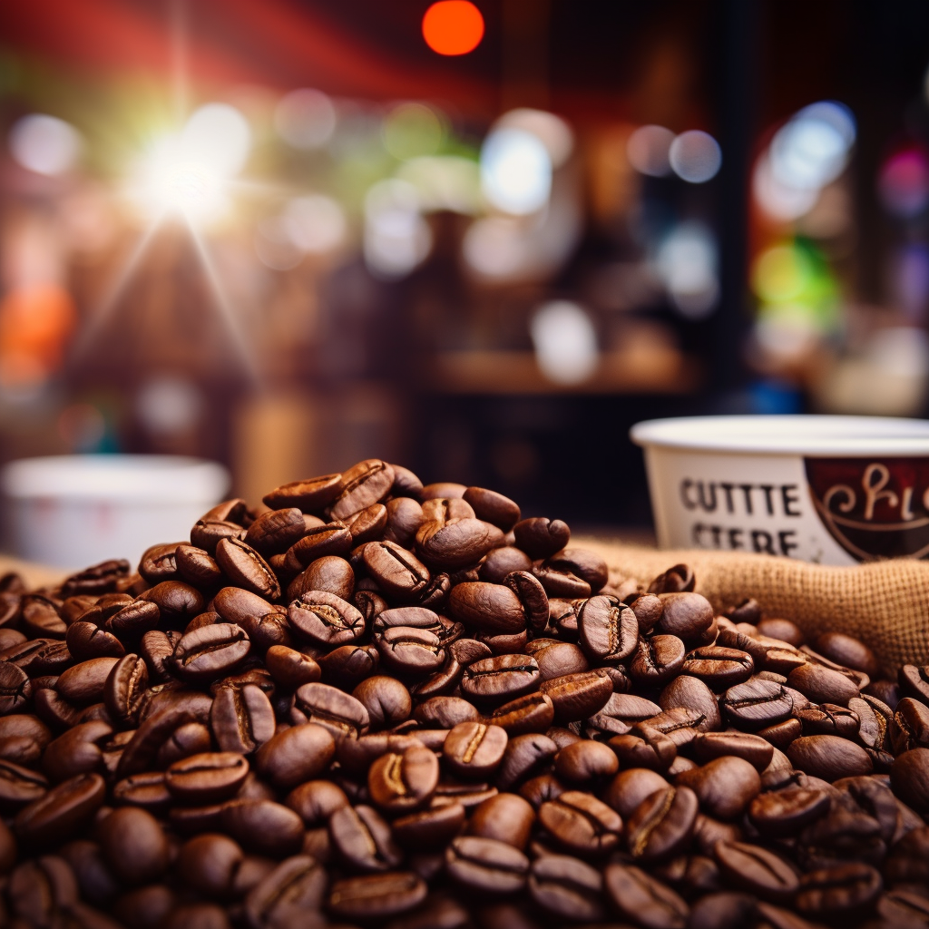 Bustling coffee market stall with concert background