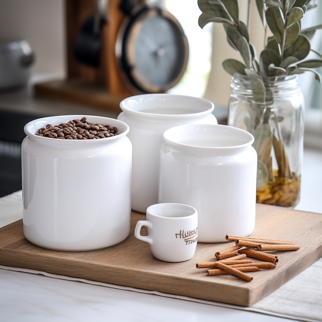 White ceramic coffee and sugar containers in a rustic kitchen