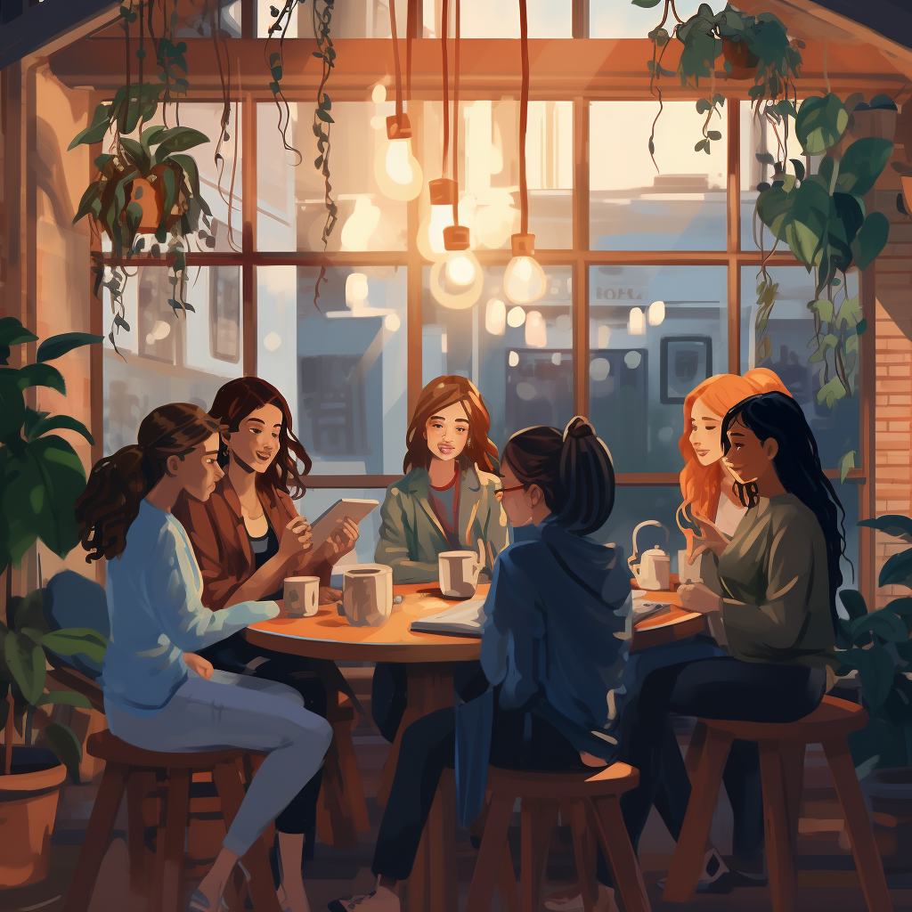 Group of women socializing in cozy coffee shop