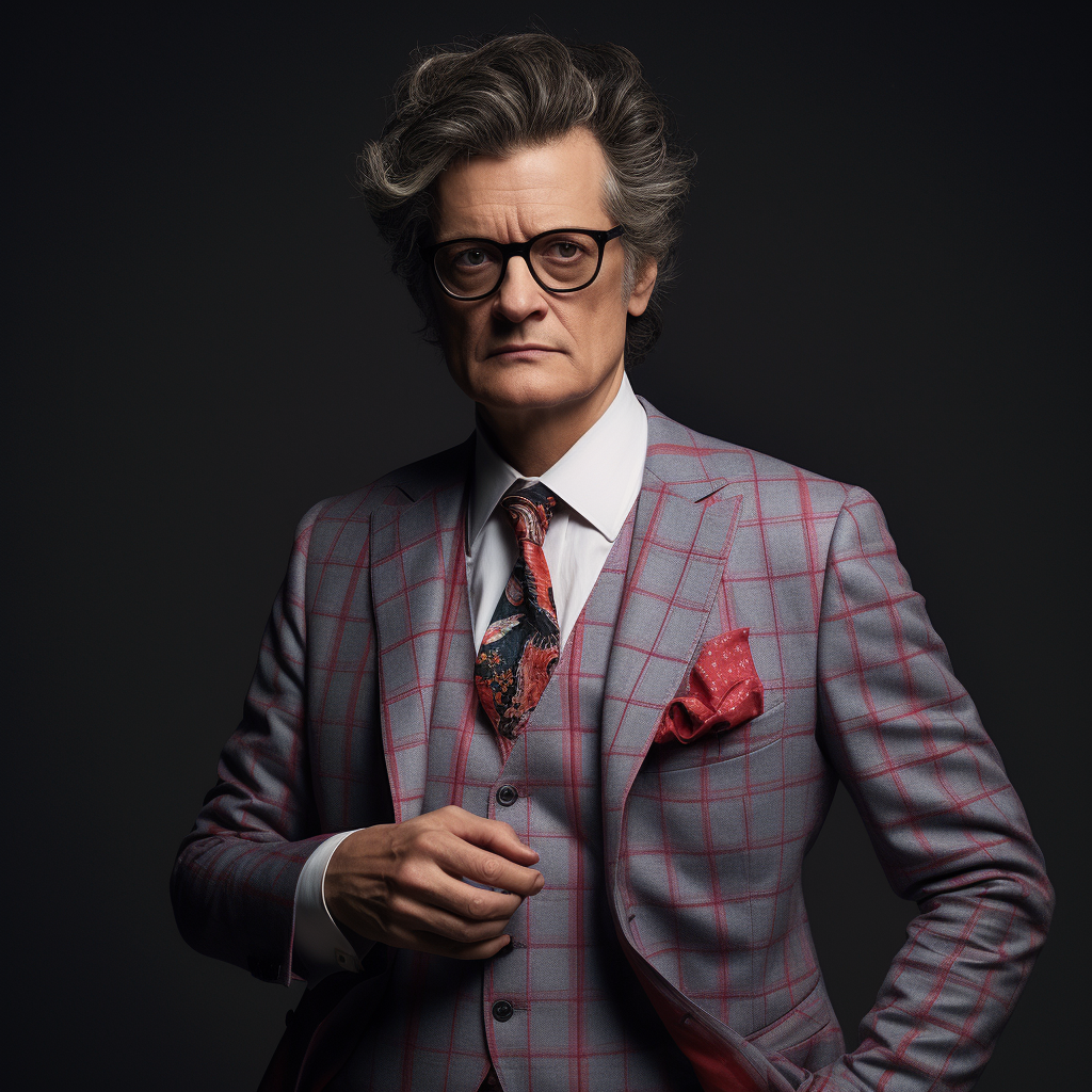 Colin Firth in Spider-Man Costume with Grey Blazer and Wig