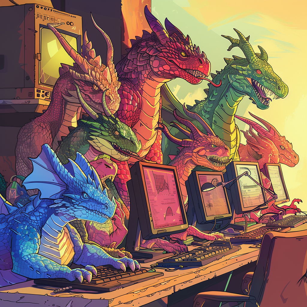 Colorful dragons at computers