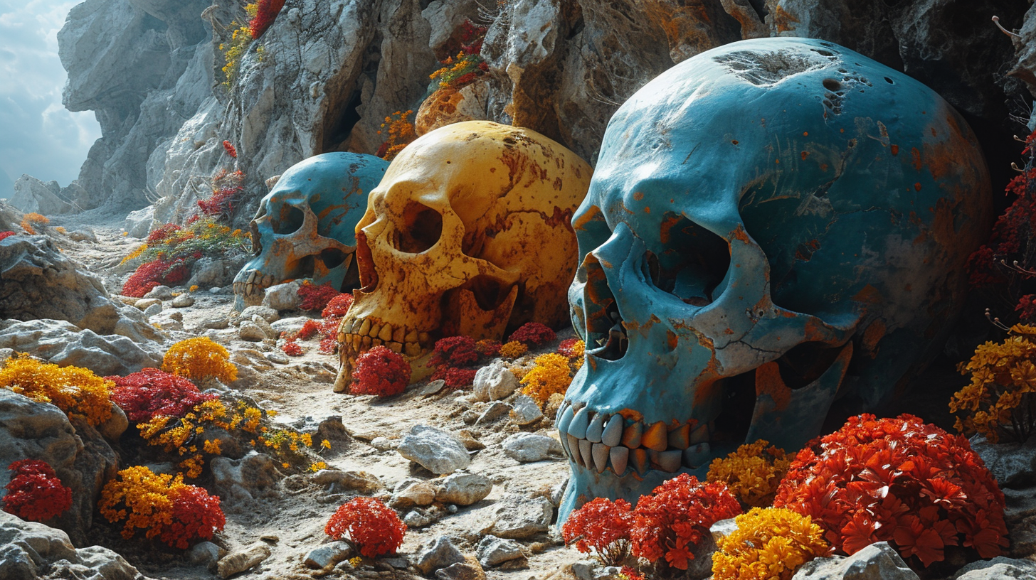 Colorful field with multiple skulls