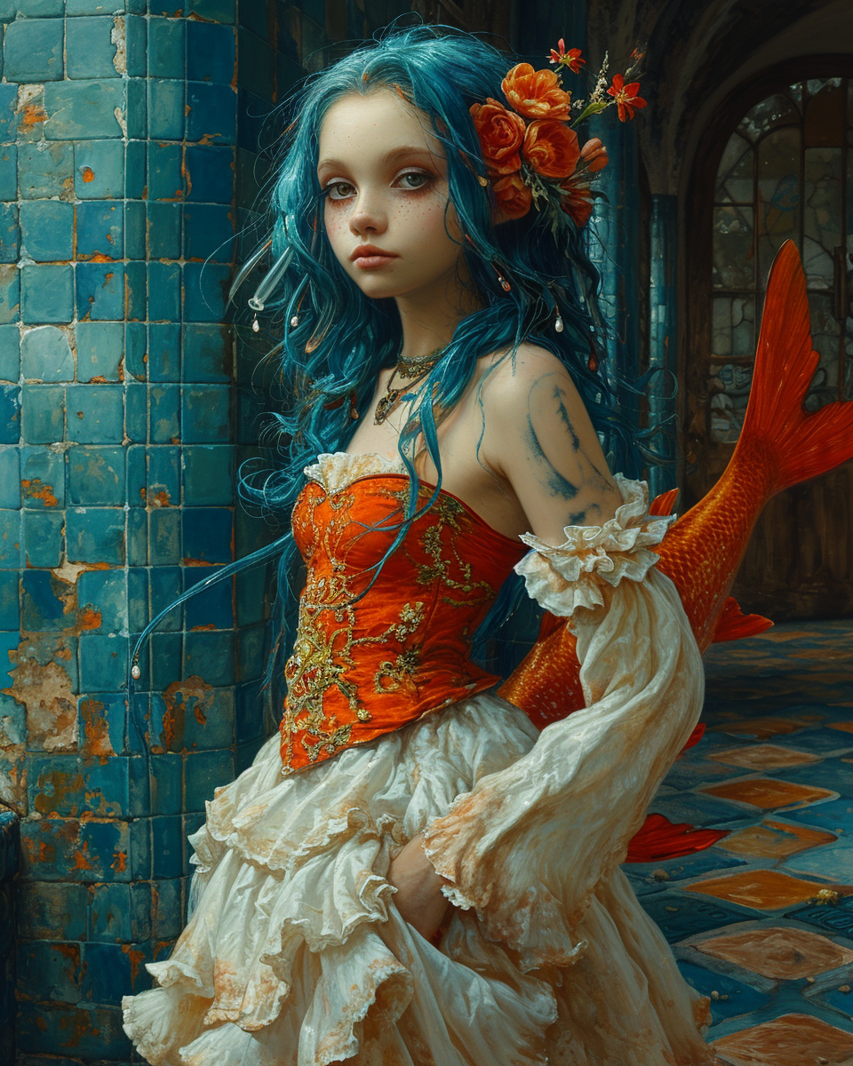 Vibrant fish-woman chimera in Mark Ryden style