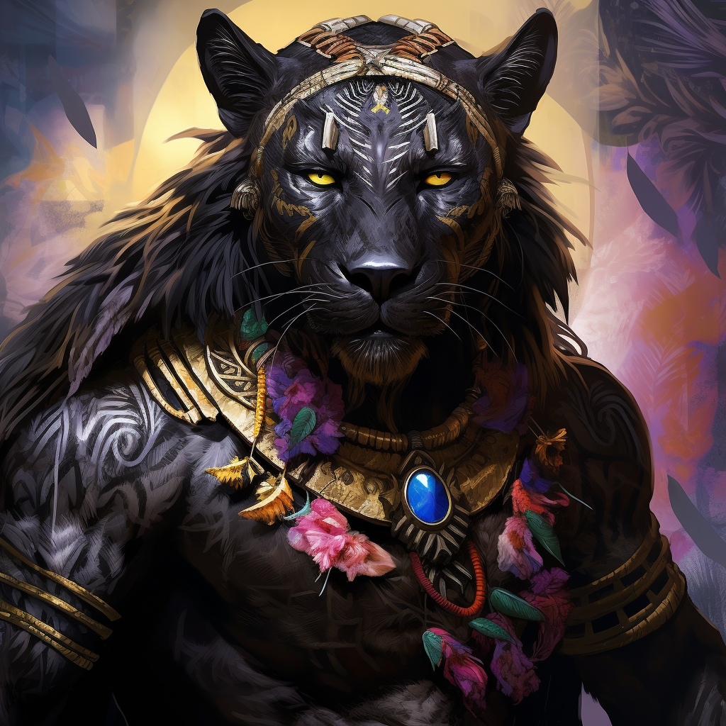 Anthropomorphic black panther and wolf hybrid with vibrant hippy vibes