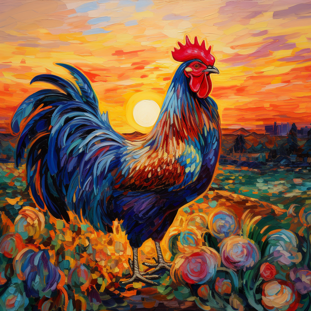 Colorful rooster celebrating sunrise