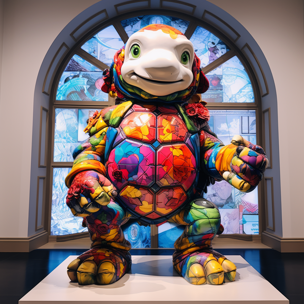 Colorful turtle statue inside art museum