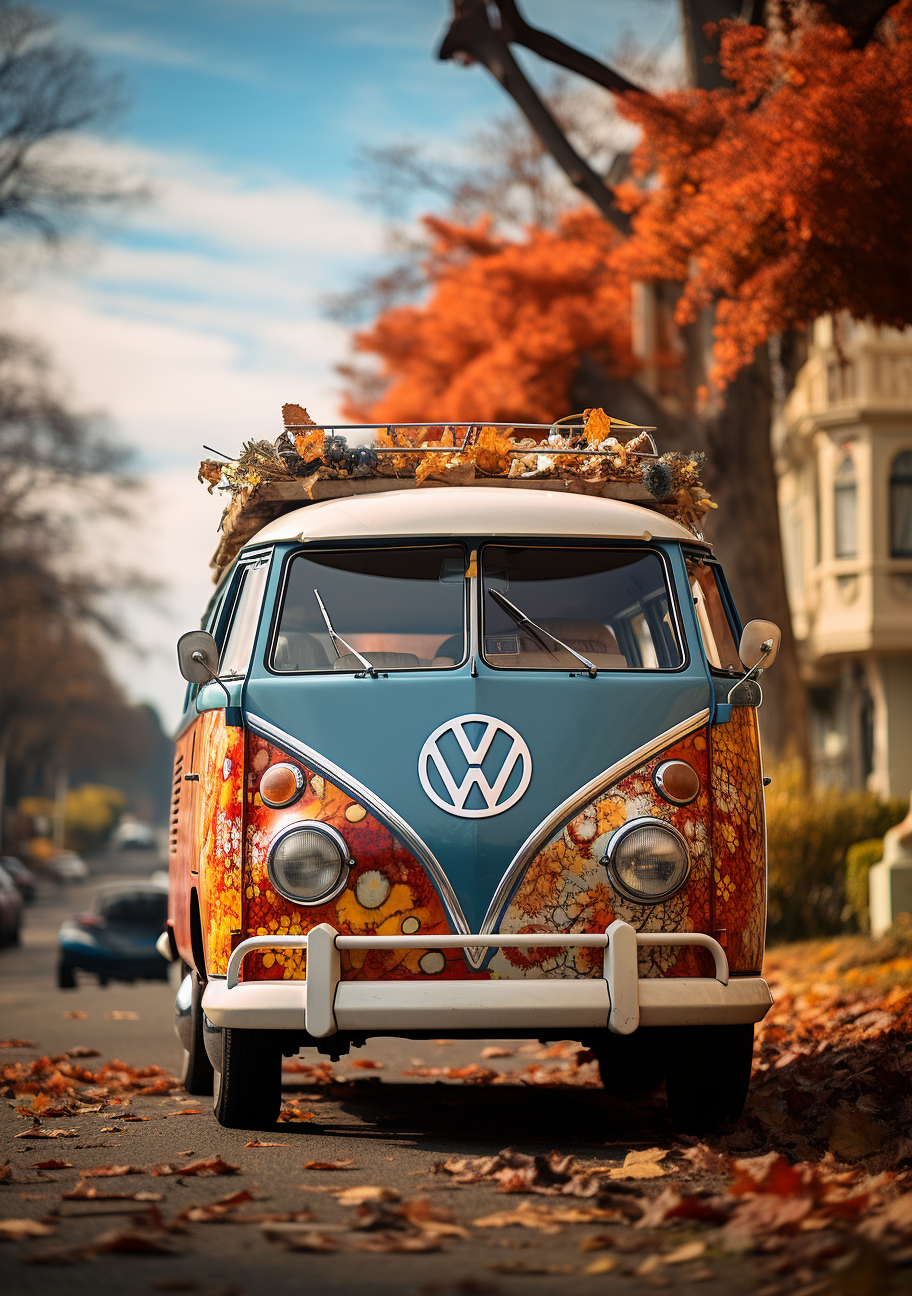 Colorful VW Bus in Front of Houses