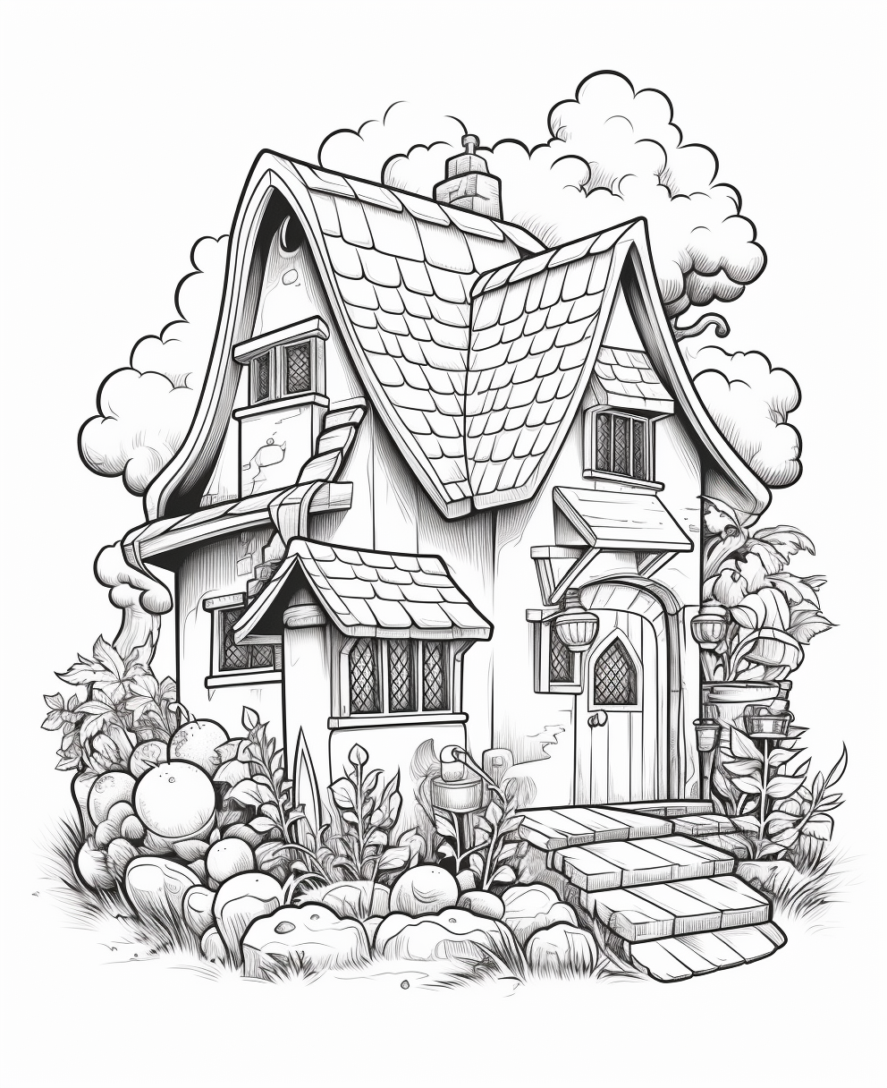 Coloring Book: Cottage House with Vegetable Garden