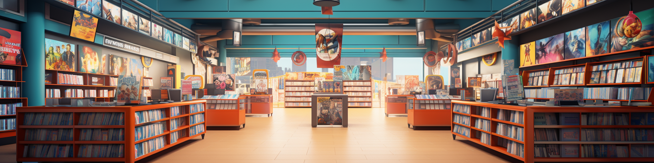 Panoramic scene of colorful comic bookshop with superhero statues