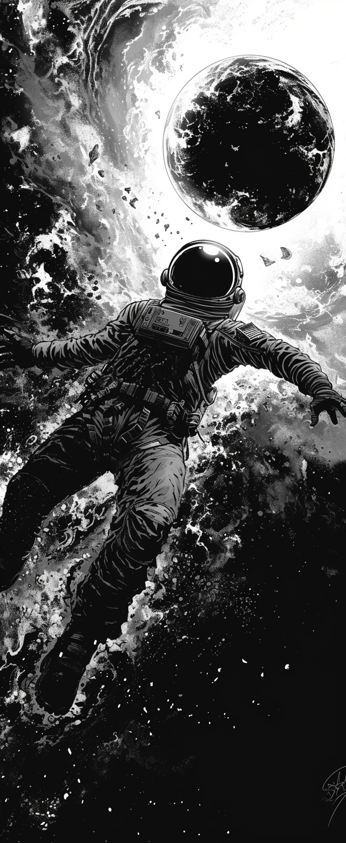 Comic Book Art Astronaut Falling Solar System Black Hole Nebula