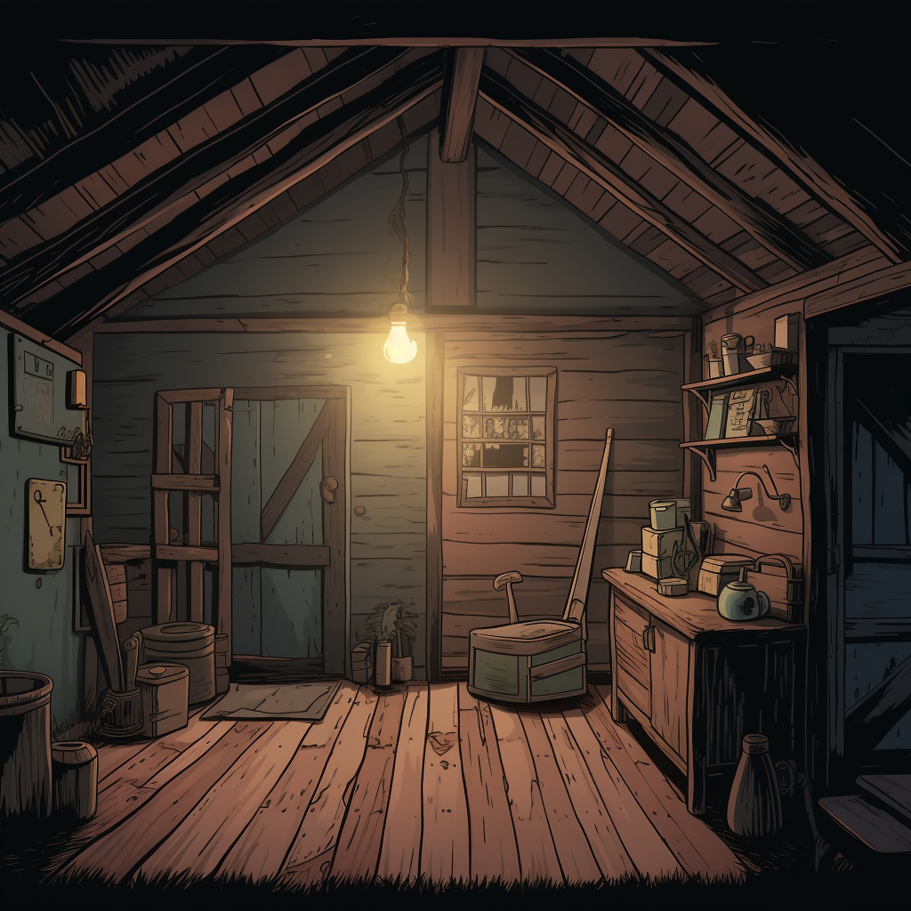 Dark tool shed interior in comic book style