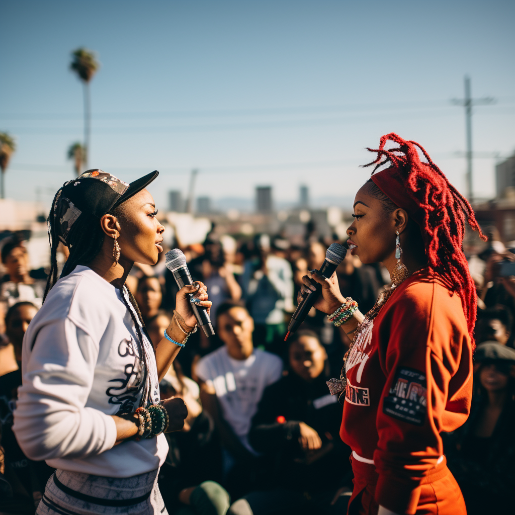 Two African American female rappers in intense battle