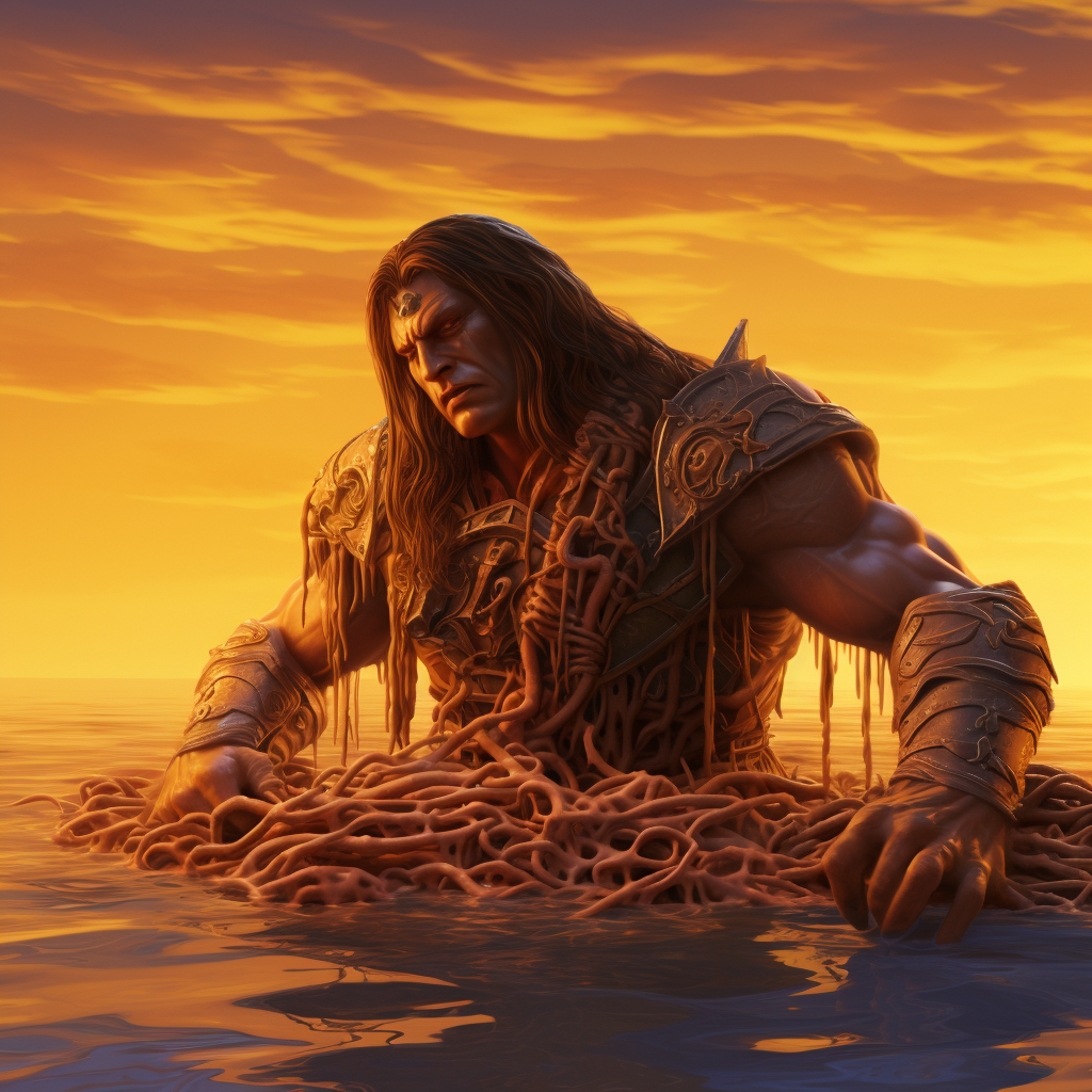 Conan the Barbarian swimming in Spaghetti-os