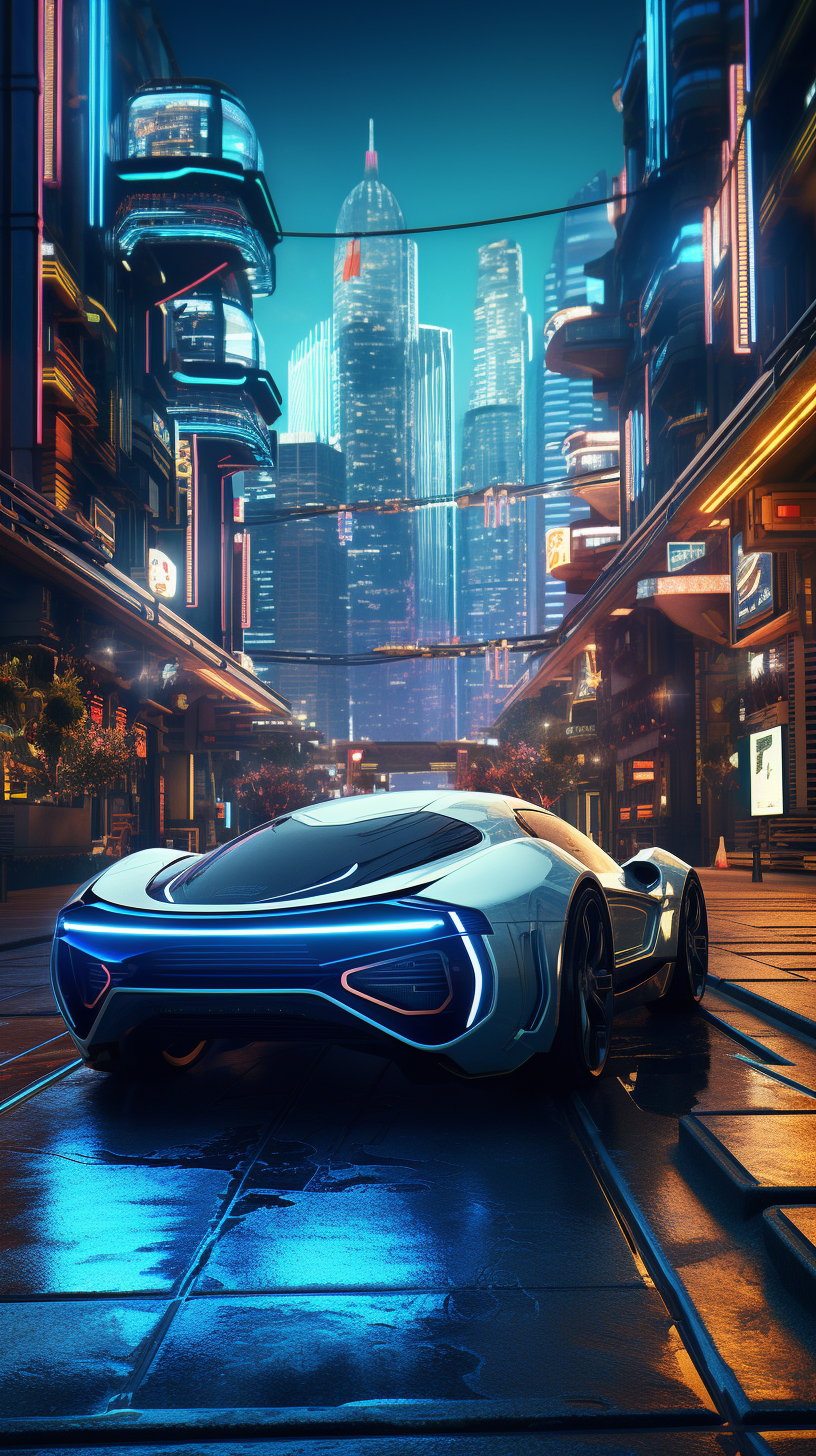 Cyberpunk Concept Car in Future City