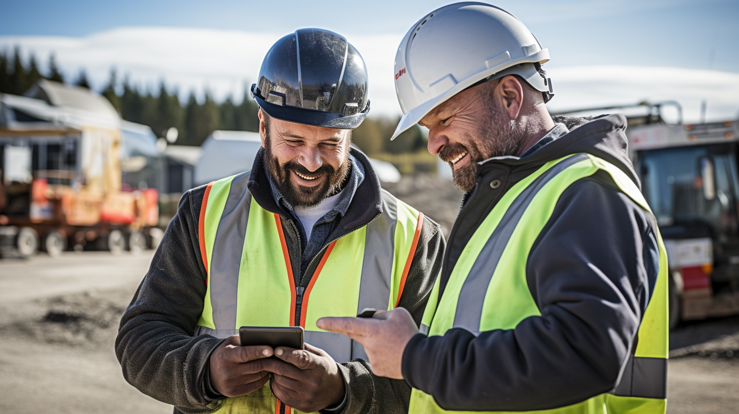 Construction Workers Checking Smartphones and Tablets