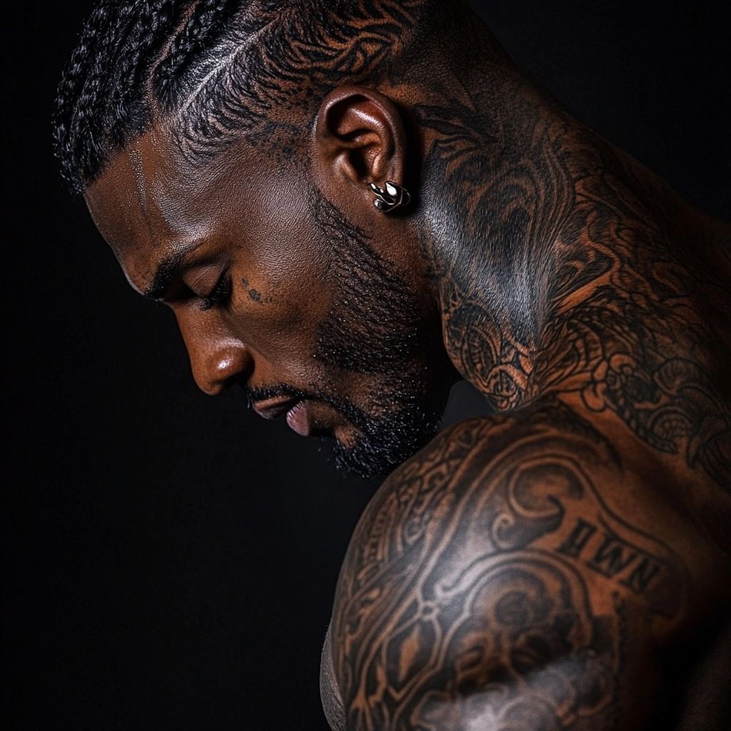 muscular black man with tattoos