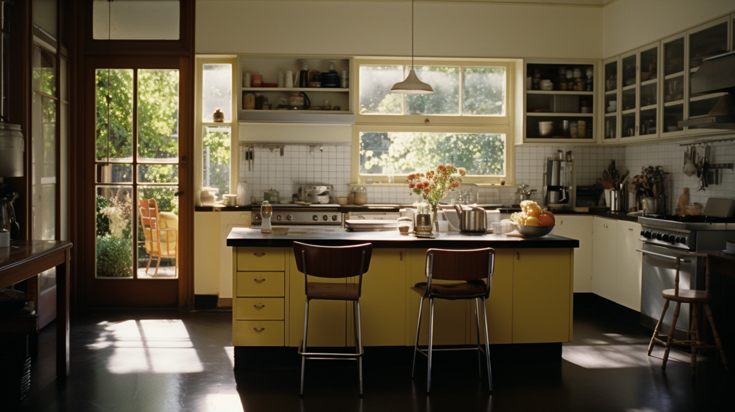 Modern suburban kitchen with Sofia Coppola film aesthetic