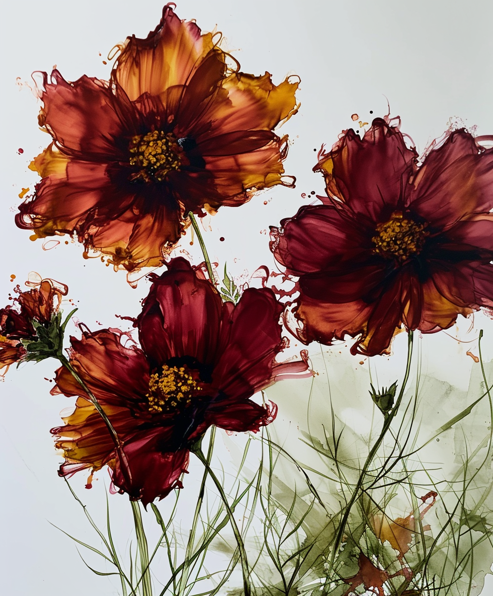 Colorful Coreopsis Lanceolata Flowers in Alcohol Ink