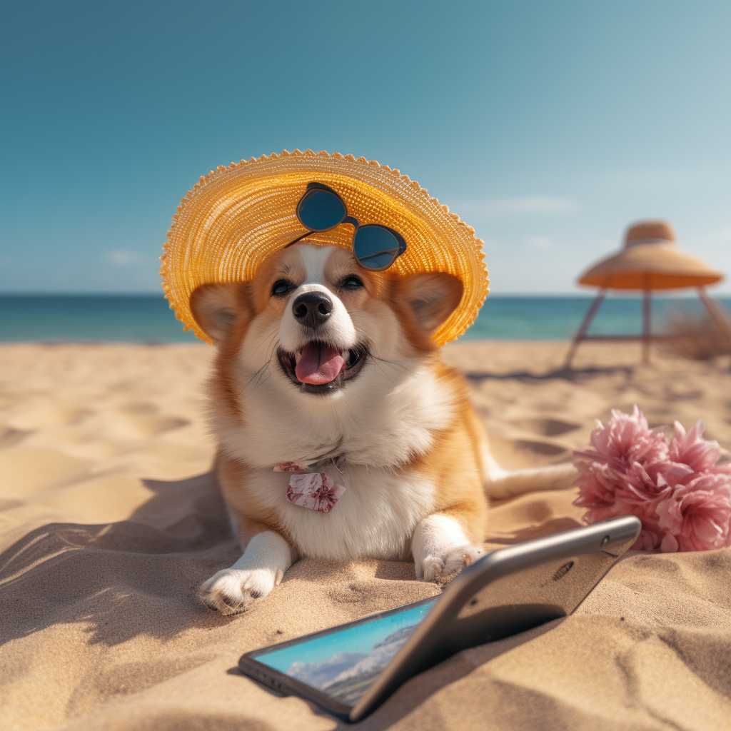 Corgi chilling on beach with hat