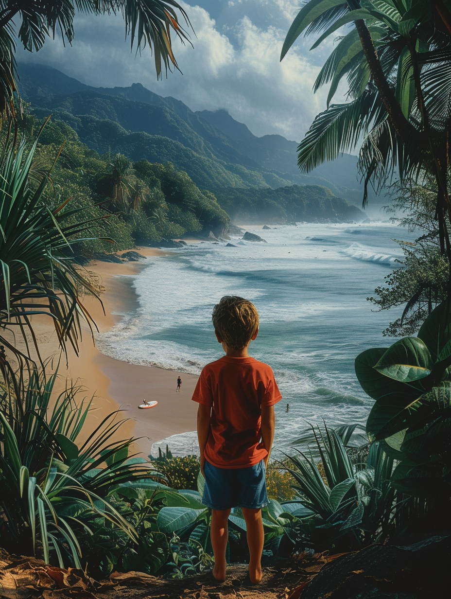 Costa Rican Boy Watching Surfing on Tropical Beach