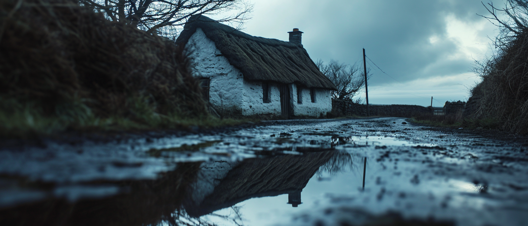 Cinematic Reflection of Isolated Thatched Cottage