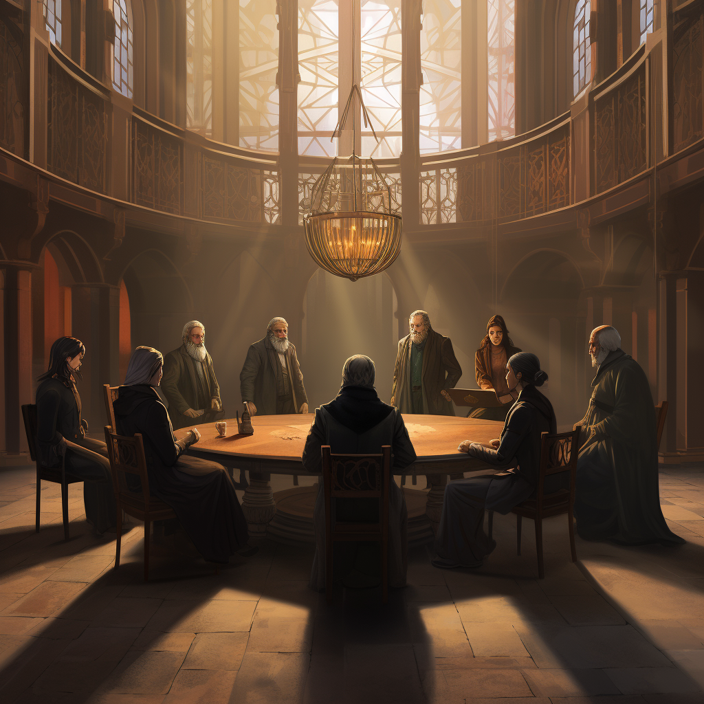 A secretive council meeting in a vast hall