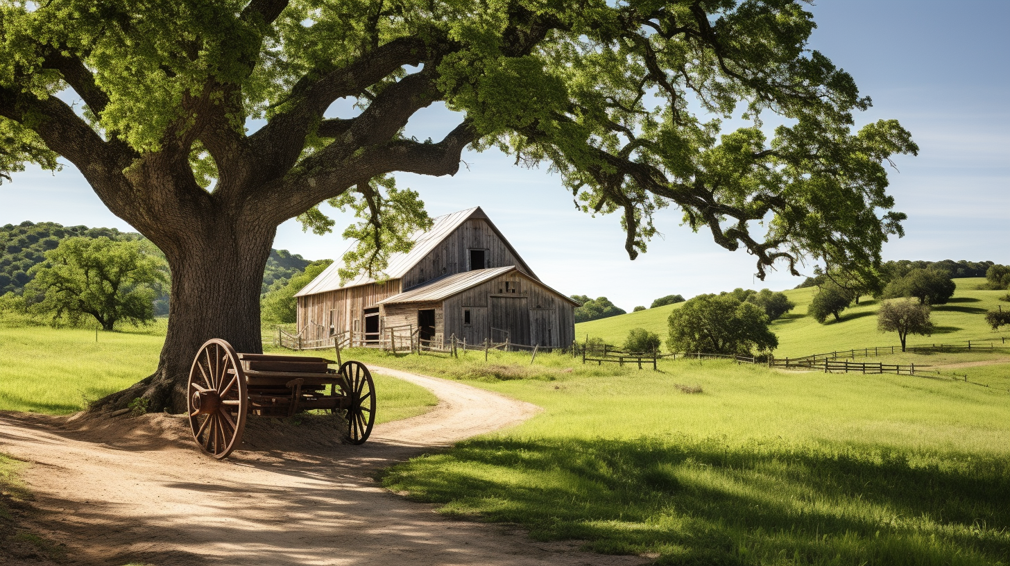 Scenic countryside with old barn and oak tree