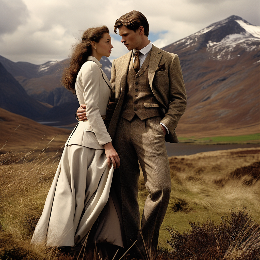 Fashionable couple in Scottish highlands