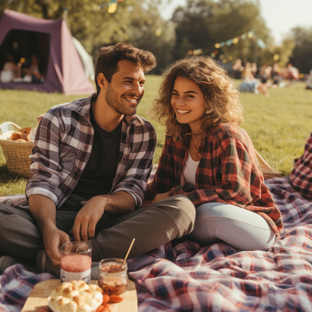 Couple on picnic date wearing masks