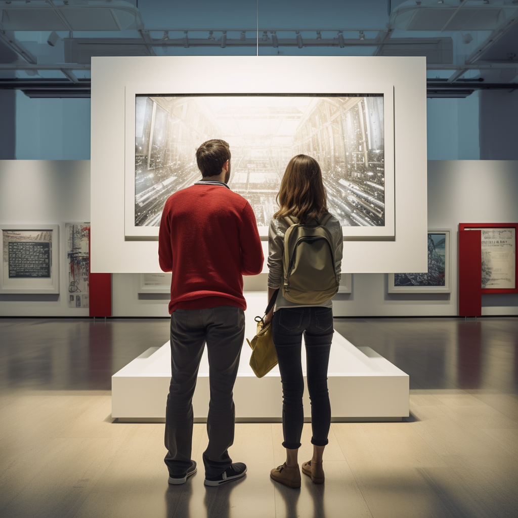 Couple reading large sign in museum