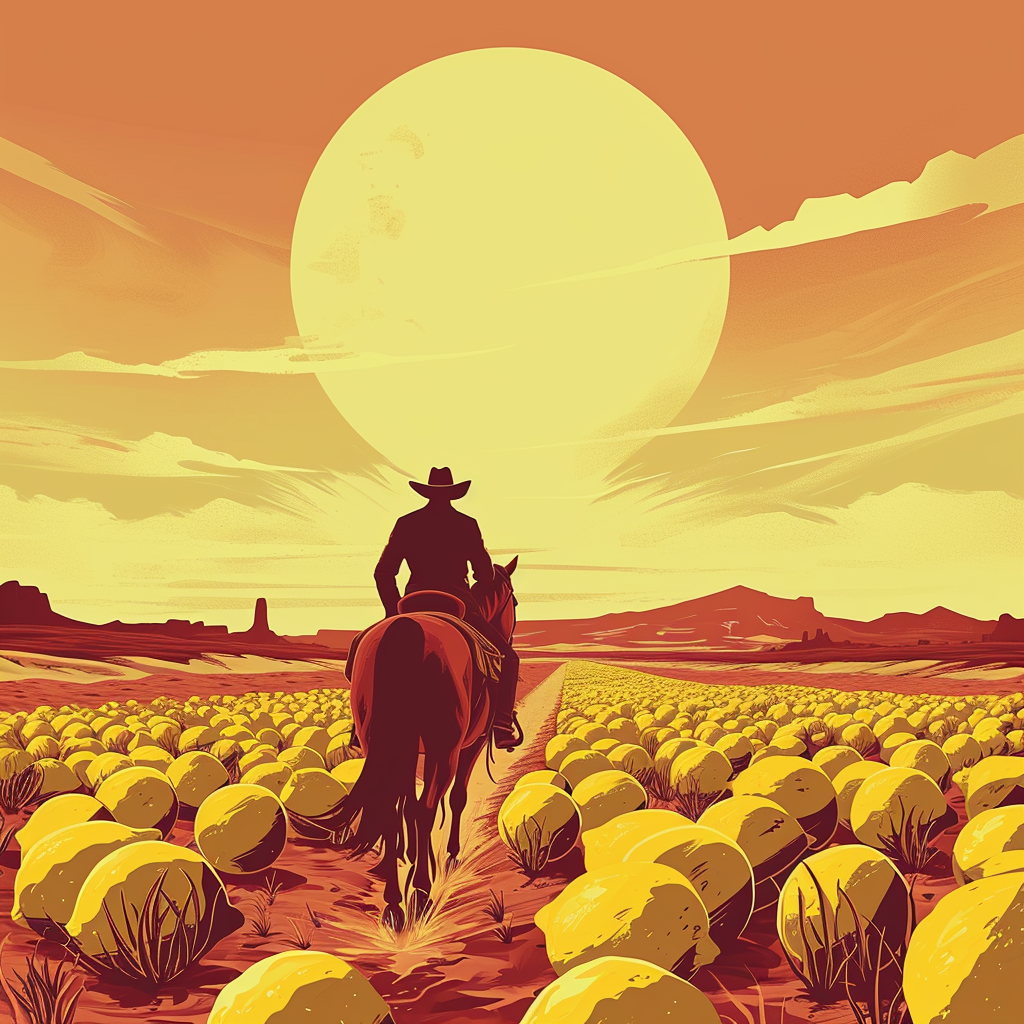 Cowboy riding horse herding lemons