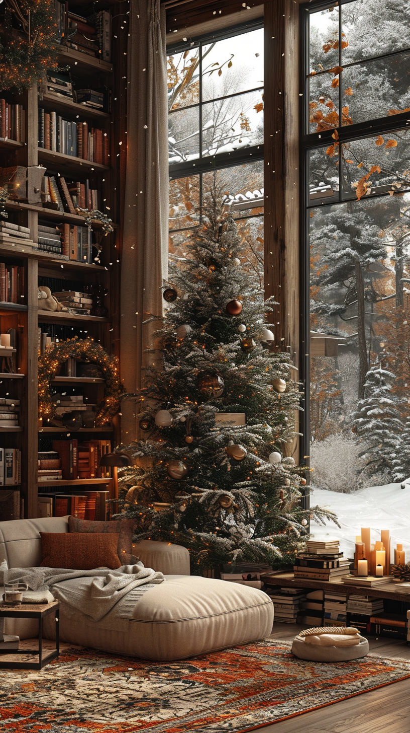 Cozy bedroom peaceful snow nightday Korea style bookshelf