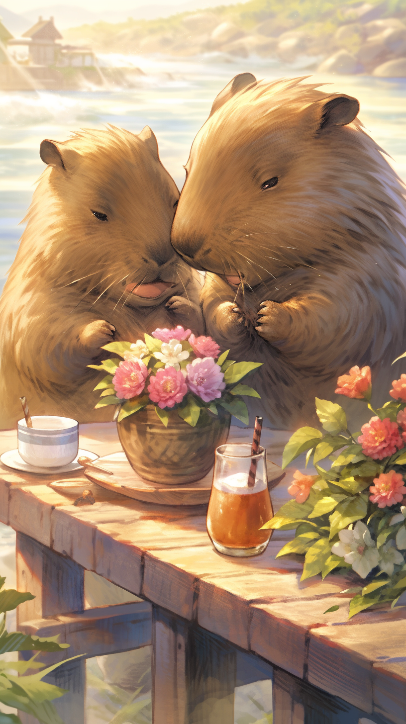 Two capybaras enjoying tea together