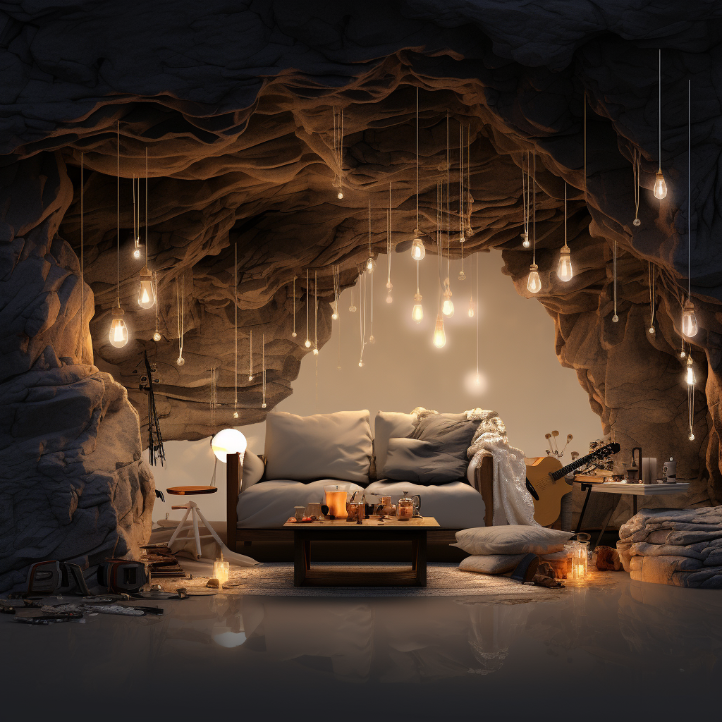 Cozy cave with fire lanterns