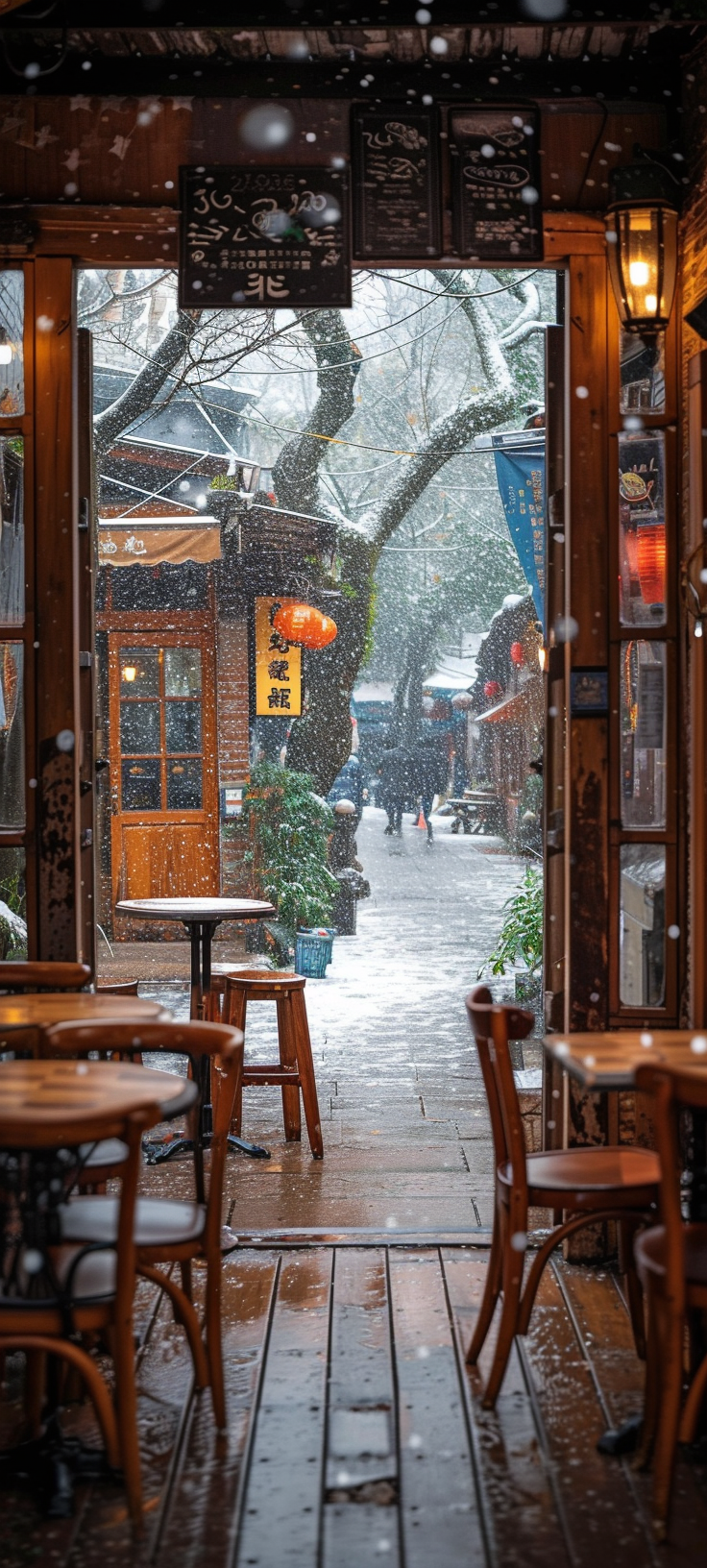 Cozy Empty Cafe Snowy Day Warm Cinematic